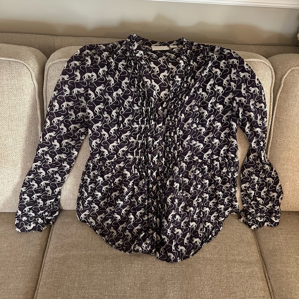 Maeve for Anthropologie Purple and White Tuxedo Ruffle Blouse